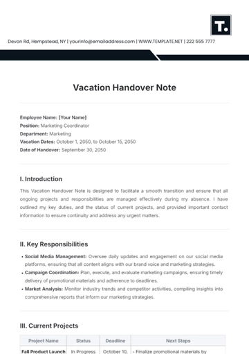 Free Vacation Handover Note Template to Edit Online