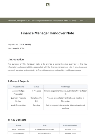 Free Finance Manager Handover Note Template to Edit Online