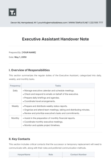Free Executive Assistant Handover Note Template to Edit Online