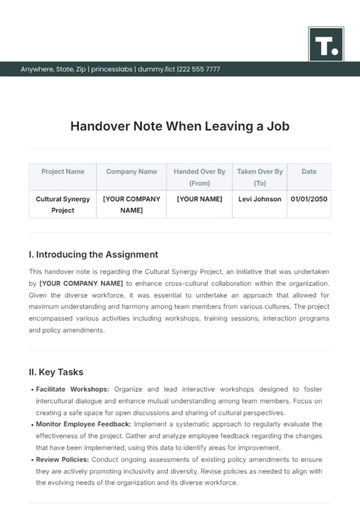 Free Handover Note When Leaving a Job Template to Edit Online
