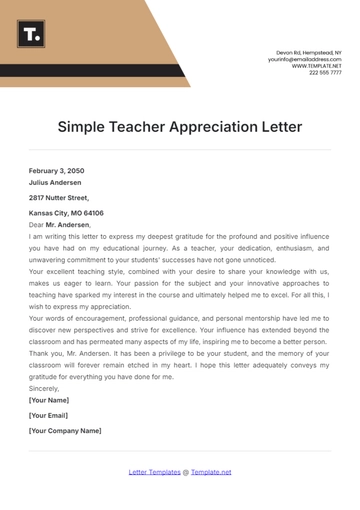 Free Simple Teacher Appreciation Letter Template to Edit Online