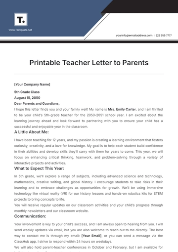 Free Printable Teacher Letter to Parents Template to Edit Online