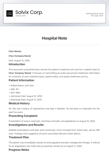 Free Hospital Note Template to Edit Online