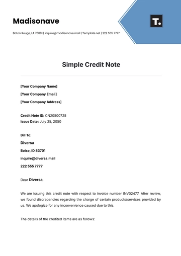 Free Simple Credit Note Template to Edit Online