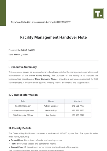 Free Facility Management Handover Note Template to Edit Online