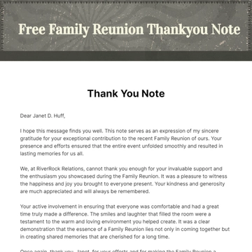 Free Family Reunion Thankyou Note Template to Edit Online