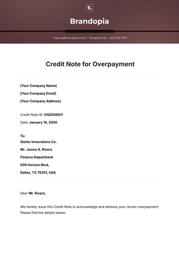 Free Credit Note for Overpayment Template to Edit Online