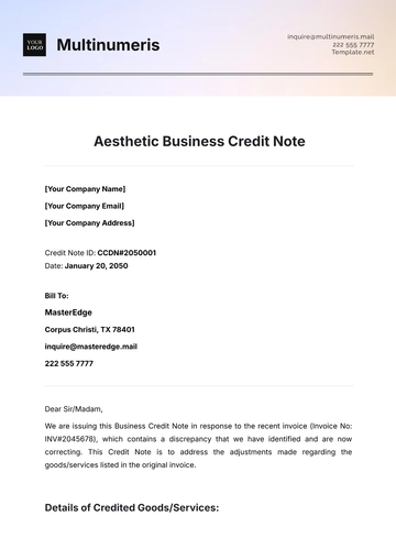 Free Aesthetic Business Credit Note Template to Edit Online