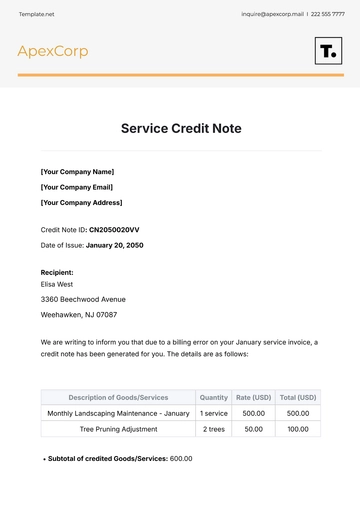Free Service Credit Note Template to Edit Online