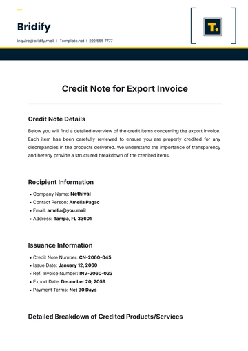 Free Credit Note for Export Invoice Template to Edit Online