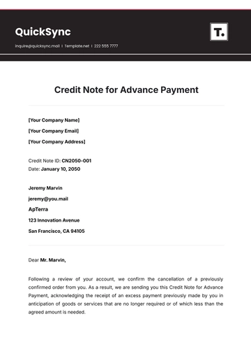 Free Credit Note for Advance Payment Template to Edit Online