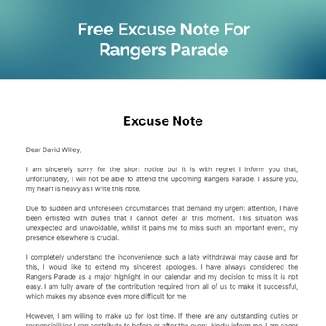 Free Excuse Note For Rangers Parade Template to Edit Online