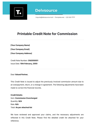 Free Printable Credit Note for Commission Template to Edit Online
