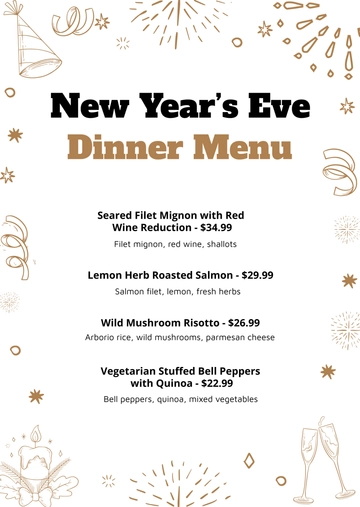 Free New Year's Eve Dinner Menu Template to Edit Online