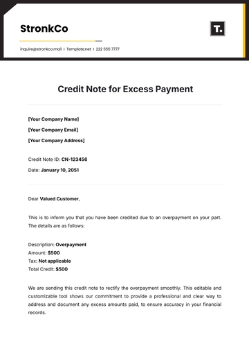 Free Credit Note for Excess Payment Template to Edit Online