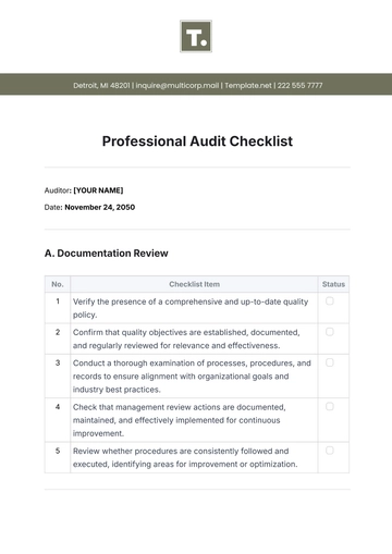 Free Professional Audit Checklist Template to Edit Online | Template.net