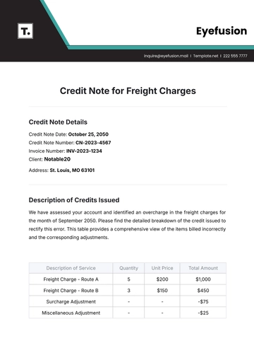 Free Credit Note for Freight Charges Template to Edit Online