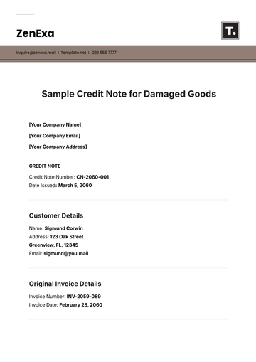 Free Sample Credit Note for Damaged Goods Template to Edit Online