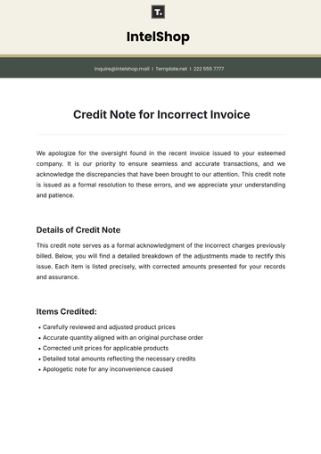 Free Credit Note for Incorrect Invoice Template to Edit Online