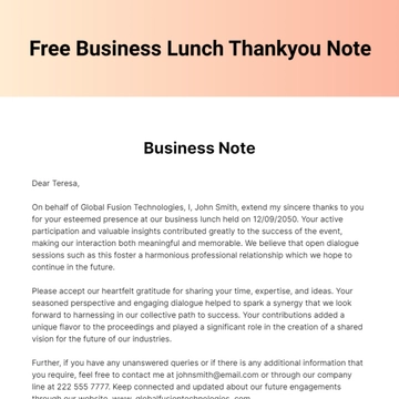 Free Business Lunch Thankyou Note Template to Edit Online