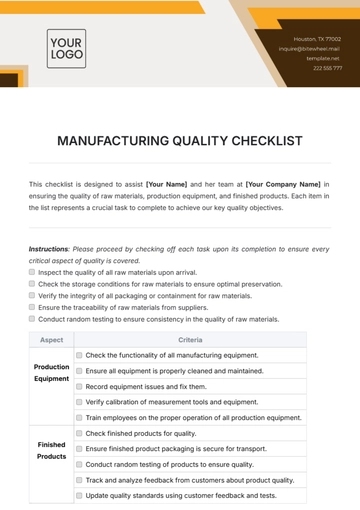 Free Manufacturing Quality Checklist Template to Edit Online
