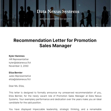 Free Recommendation Letter for Promotion Sales Manager Template to Edit Online