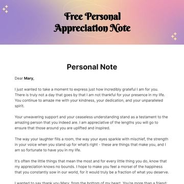 Free Personal Appreciation Note Template to Edit Online