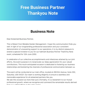 Free Business Partner Thankyou Note Template to Edit Online