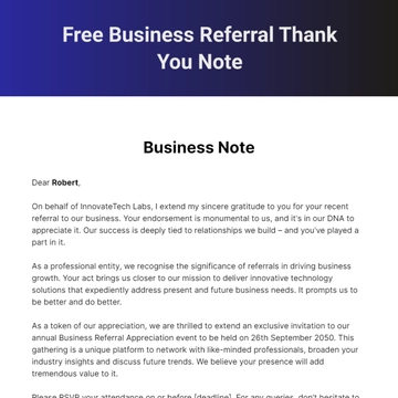 Free Business Referral Thank you Note Template to Edit Online
