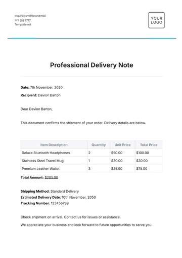Free Professional Delivery Note Template to Edit Online