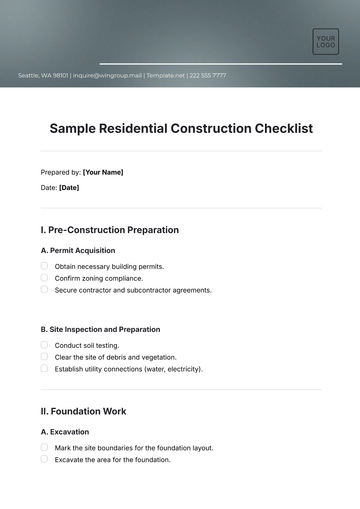 Free Sample Residential Construction Checklist Template to Edit Online