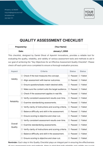 Free Quality Assessment Checklist Template to Edit Online