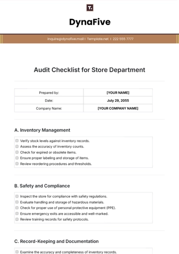 Free Audit Checklist for Store Department Template to Edit Online