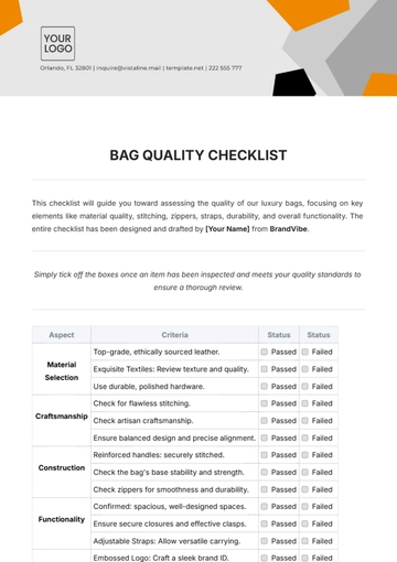 Free Bag Quality Checklist Template to Edit Online