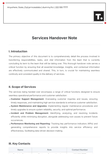 Free Services Handover Note Template to Edit Online