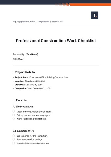 Free Construction Work Checklist Template to Edit Online
