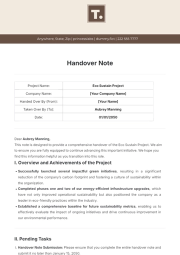 Free Handover Note Template to Edit Online