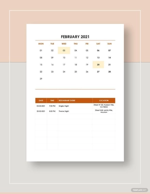 Restaurant Event Calendar Template