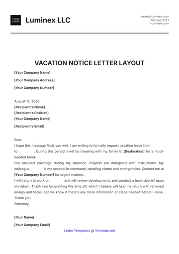 Free Vacation Notice Letter Layout Template to Edit Online