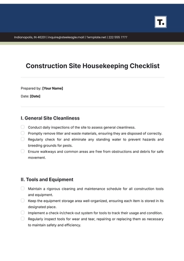 Free Construction Site Housekeeping Checklist Template to Edit Online