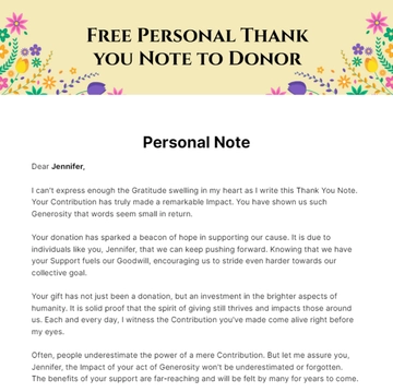 Free Personal Thank you Note to Donor Template to Edit Online
