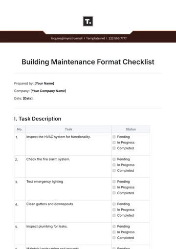 Free Building Maintenance Format Checklist Template to Edit Online