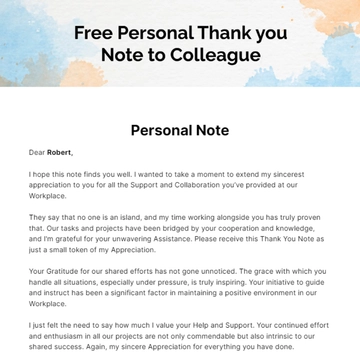 Free Personal Thank you Note to Colleague Template to Edit Online
