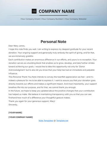 Free Personal Thank you Note for Donation Template to Edit Online