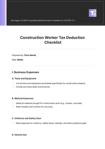 Free Construction Worker Tax Deduction Checklist Template to Edit Online