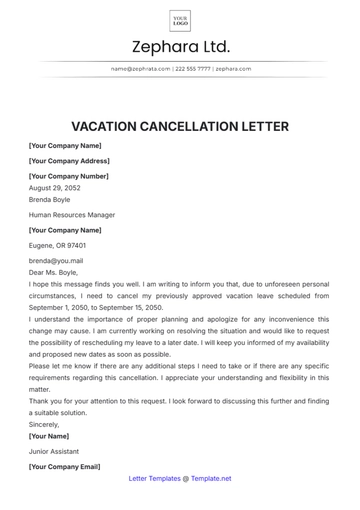 Free Vacation Cancellation Letter Template to Edit Online