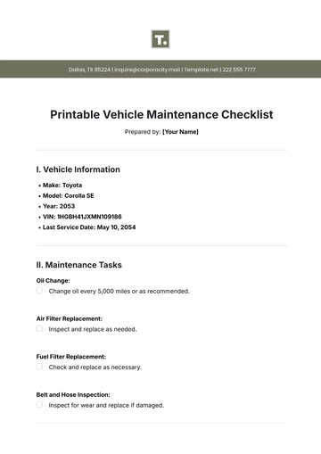 Free Printable Vehicle Maintenance Checklist Template to Edit Online