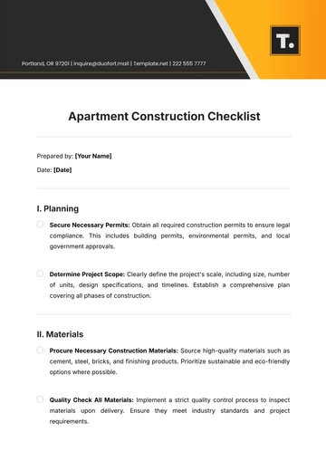 Free Apartment Construction Checklist Template to Edit Online