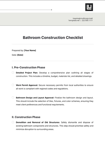 Free Bathroom Construction Checklist Template to Edit Online