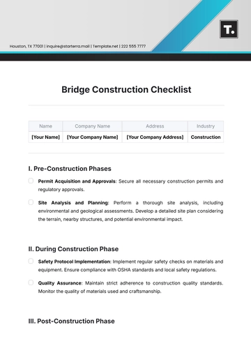Free Bridge Construction Checklist Template to Edit Online